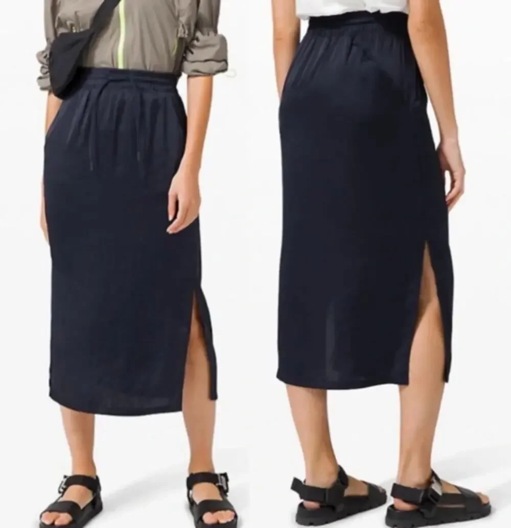 Lululemon Skirt Women 2 Glide Away Slip Midi Navy Blue Athletic Yoga Summer Chic
